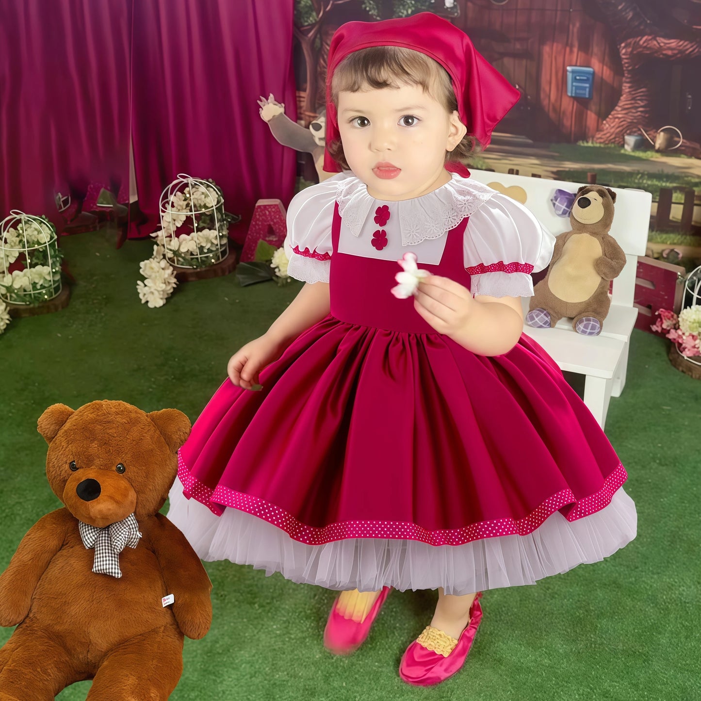 Vestito morbido e lusinghiero per bambina - stile grembiule con pizzo, lunghezza al ginocchio, poliestere, viscosa, festa di compleanno