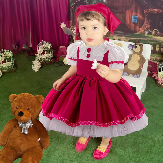 Soft, flattering baby girl's maid dress - knee-length, lace-trimmed pinafore-style, polyester, viscose, birthday party