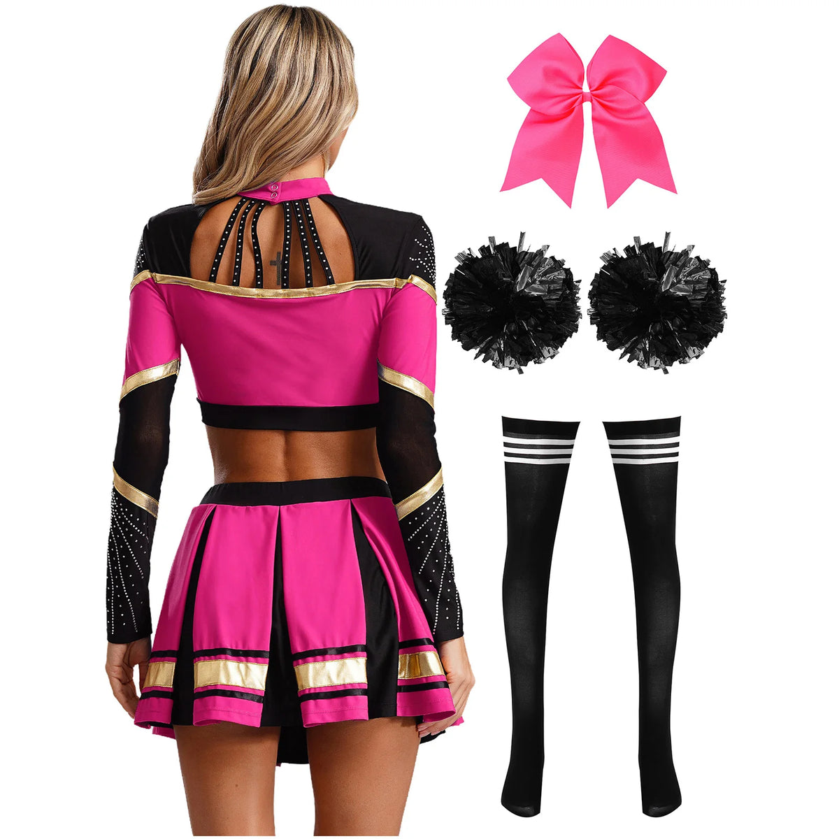 Cosplaykostuum voor cheerleaderoptredens voor vrouwen, crop-top met lange mouwen en geplooide rok met pompons 2026