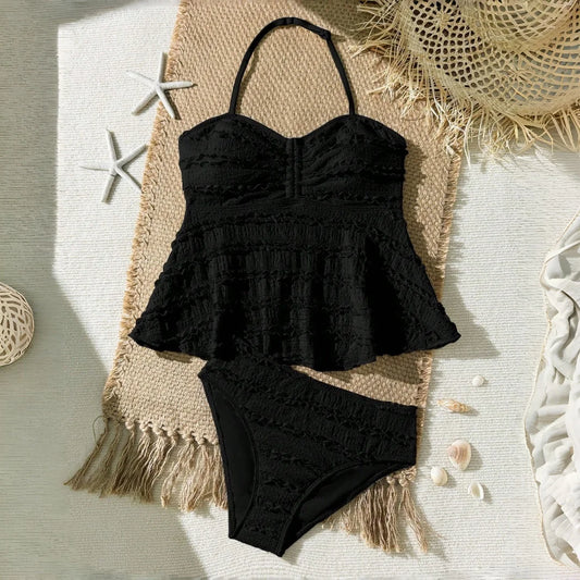 Lightweight girls’ bikini set - two-piece, textured lace-like fabric, polyester, for summer beach vacation