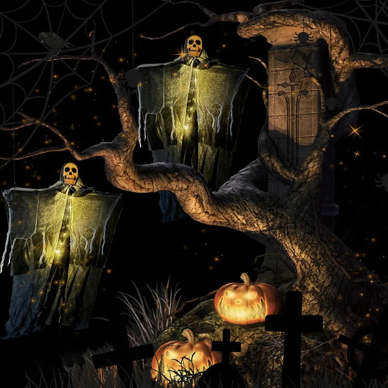 Oplichtende schedel, skelet en gaas met hangende geest voor Halloween, griezelige decoratie voor huis, tuin en buiten 2026