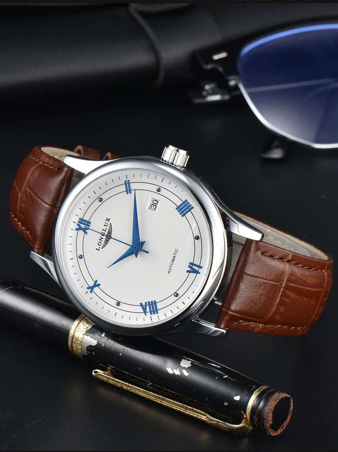 Automatic Watch Leather Strap Mechanical Date Waterproof