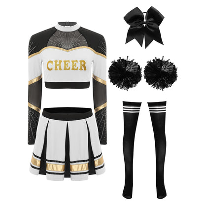 Cosplaykostuum voor cheerleaderoptredens voor vrouwen, crop-top met lange mouwen en geplooide rok met pompons 2026