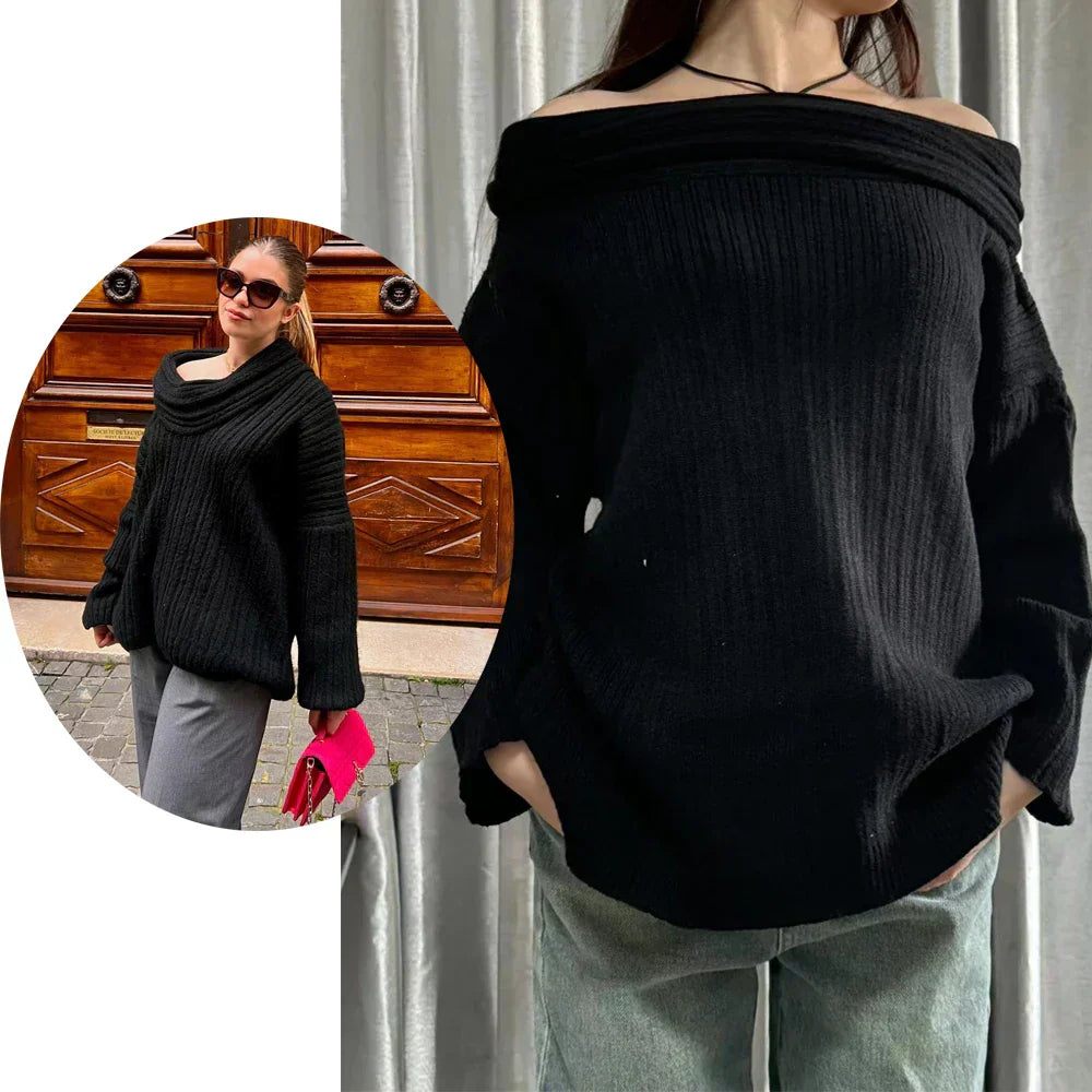 Oversized kvindesweater - Slidset krave med krave, ribstrikket til efteråret