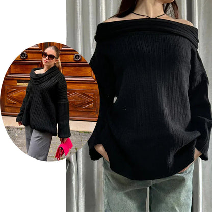 Oversized kvindesweater - Slidset krave med krave, ribstrikket til efteråret