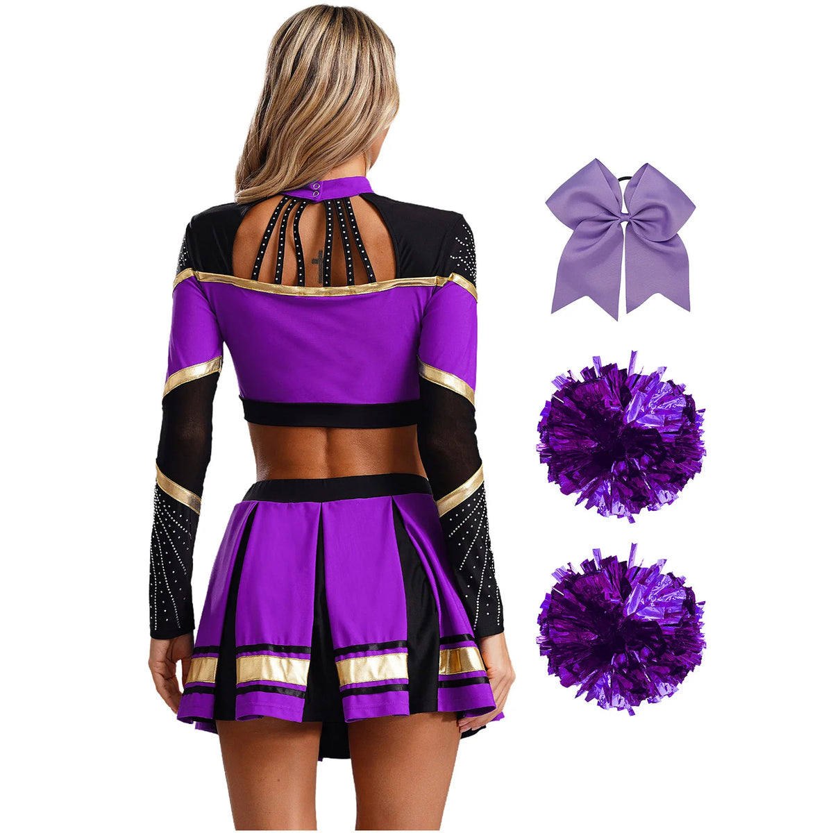 Cosplaykostuum voor cheerleaderoptredens voor vrouwen, crop-top met lange mouwen en geplooide rok met pompons 2026