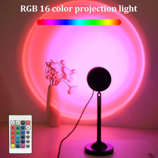 Remote Control USB Sunset Projector Light with 16 Colors - 180° Rotating Atmosphere Lamp for Bedroom and Photography Decor