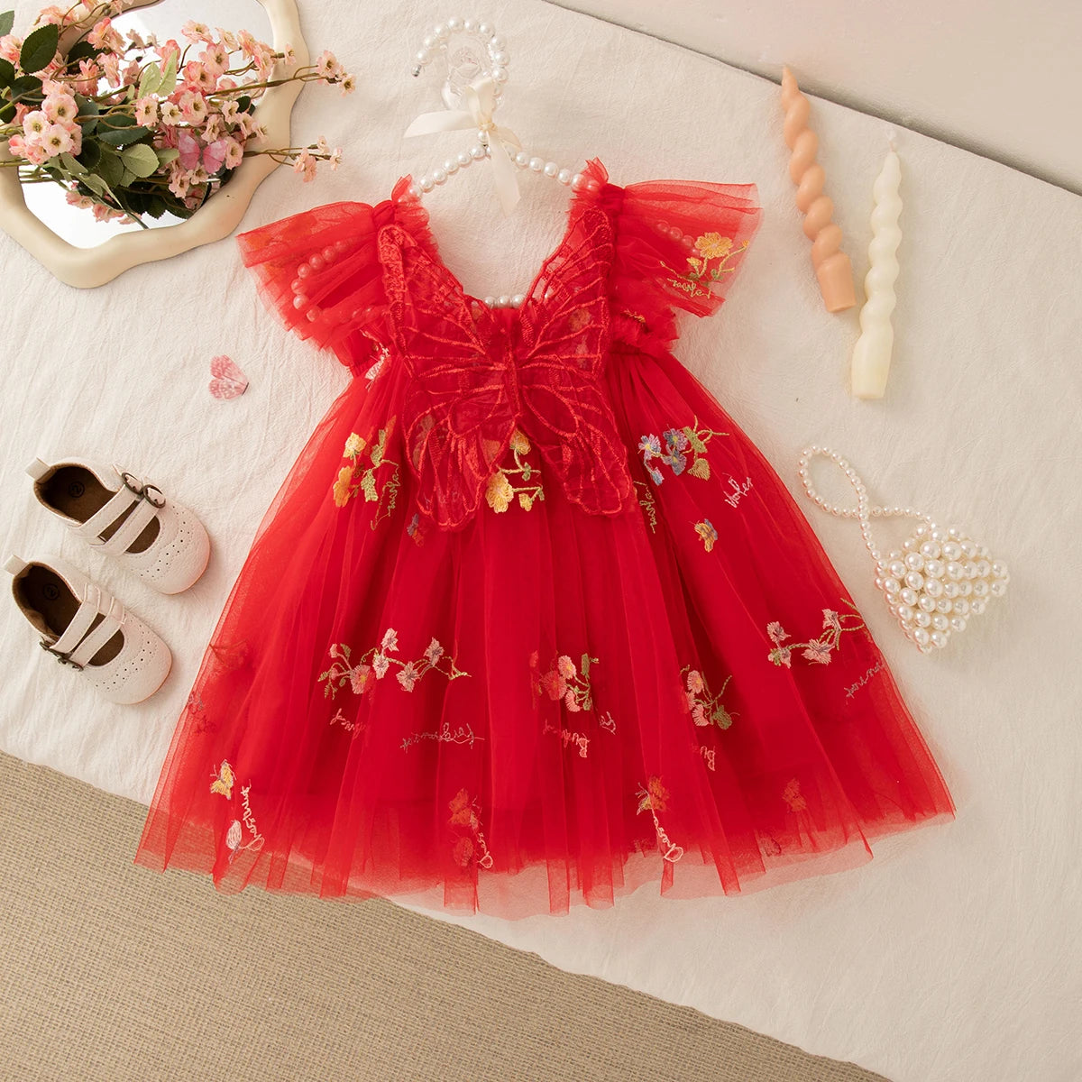 Lightweight flowy girls' dress - knee-length tulle, floral print, polyester, for weddings