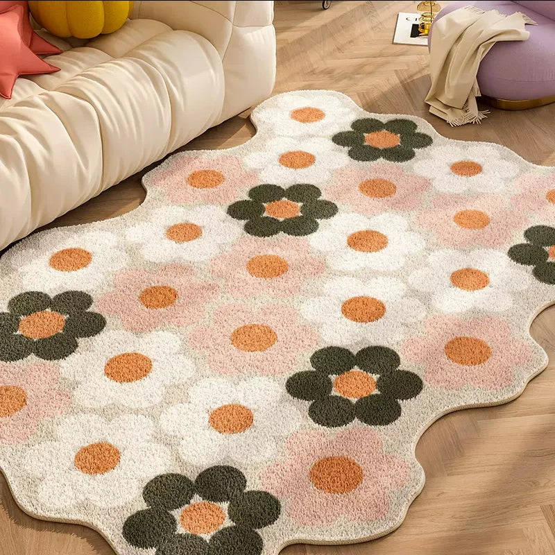 Plüschteppich kariert mit gewelltem Rand, Teppich für Kinderzimmer und Wohnzimmer, Akzent Herbst 2025, gemütlich, flauschig, maschinenwaschbar