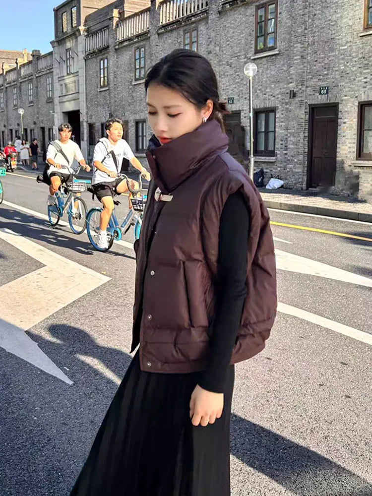 Warm Women’s Down Vest - Cropped Boxy, PU, Winter Layering