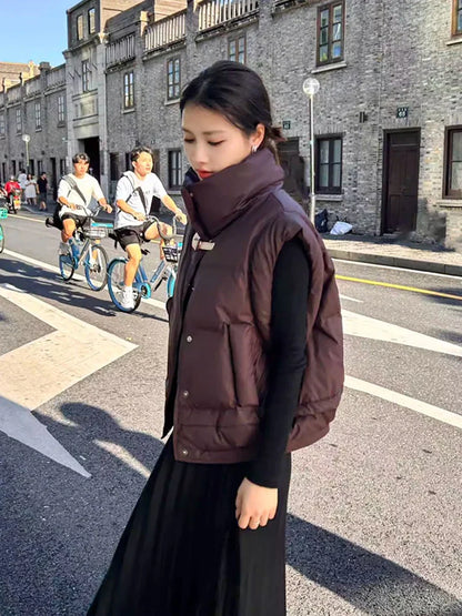 Warm Women’s Down Vest - Cropped Boxy, PU, Winter Layering