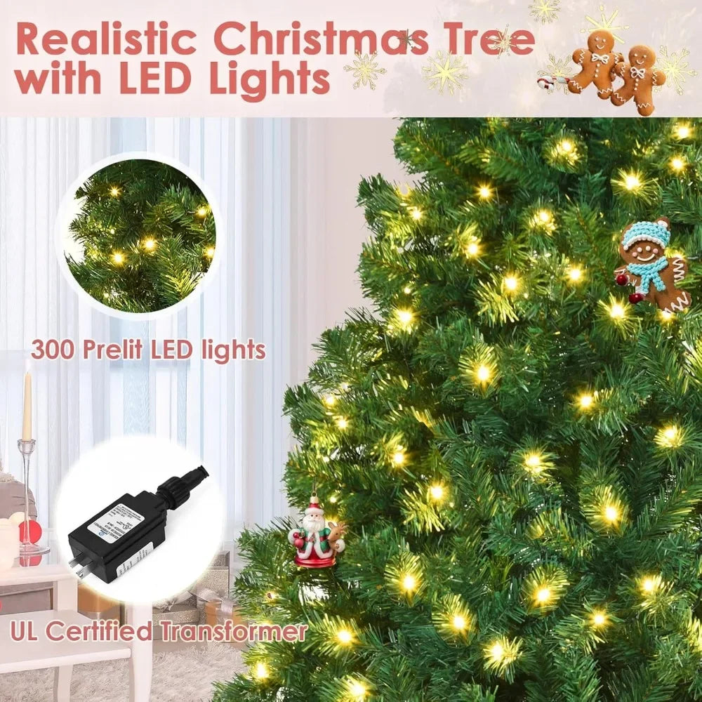 Prelit Christmas Pine Tree with 300 Warm White LED Lights, Easy Set Up, Perfect for Indoor Holiday Decor