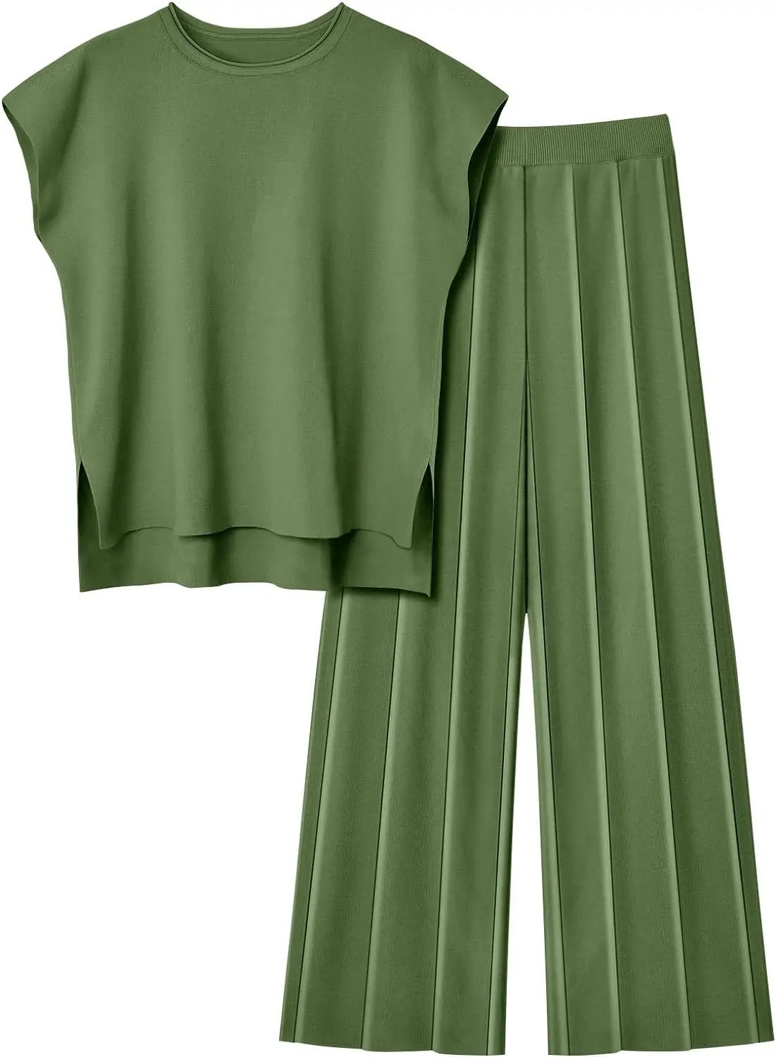Soft Relaxed Women’s Two-Piece Pant Set – Sleeveless Round-Neck Knit Top, High-Waist Wide-Leg Trousers For Summer