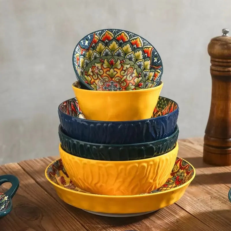 Boheemse keramische kommen set bloemmotief serveerschalen veelzijdig