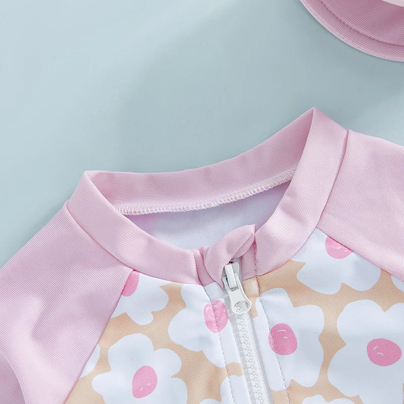 Let holdbar toddler pigebadedragt med rashguard - langærmet blomster flamingo print, polyester elastan, strandtøj