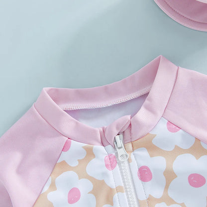 Let holdbar toddler pigebadedragt med rashguard - langærmet blomster flamingo print, polyester elastan, strandtøj