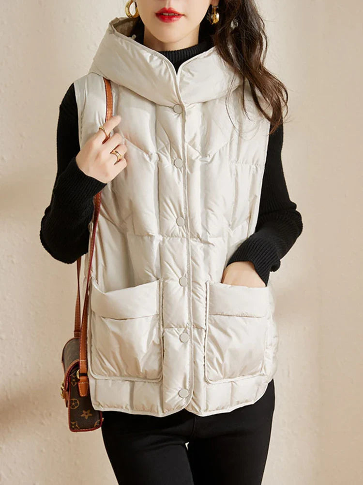 Lightweight Women Hooded Down Vest - Boxy, Down, Autumn