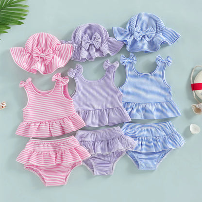Soft Toddler Girls' Bikini Set - Striped Tank Top With Ruffle, Matching Bottom, Hat, Polyester-Elastane, Summer Swimwear