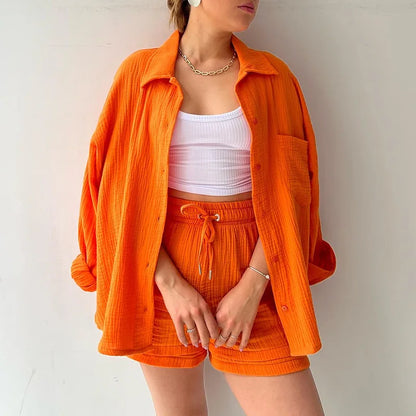Women Two-Piece Set Orange Wrinkled Lapel Shirt & High-Waisted Shorts Fashion Suit