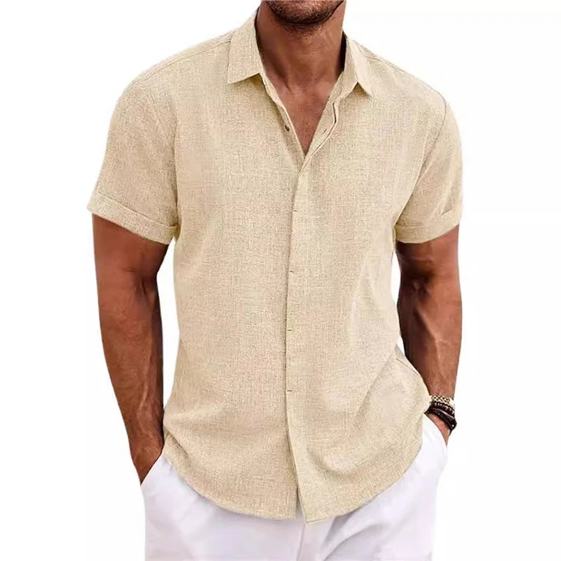 Fashionable Polo Collar Solid Color Shirt - Short Sleeve V-Neck Casual Cotton Linen Top