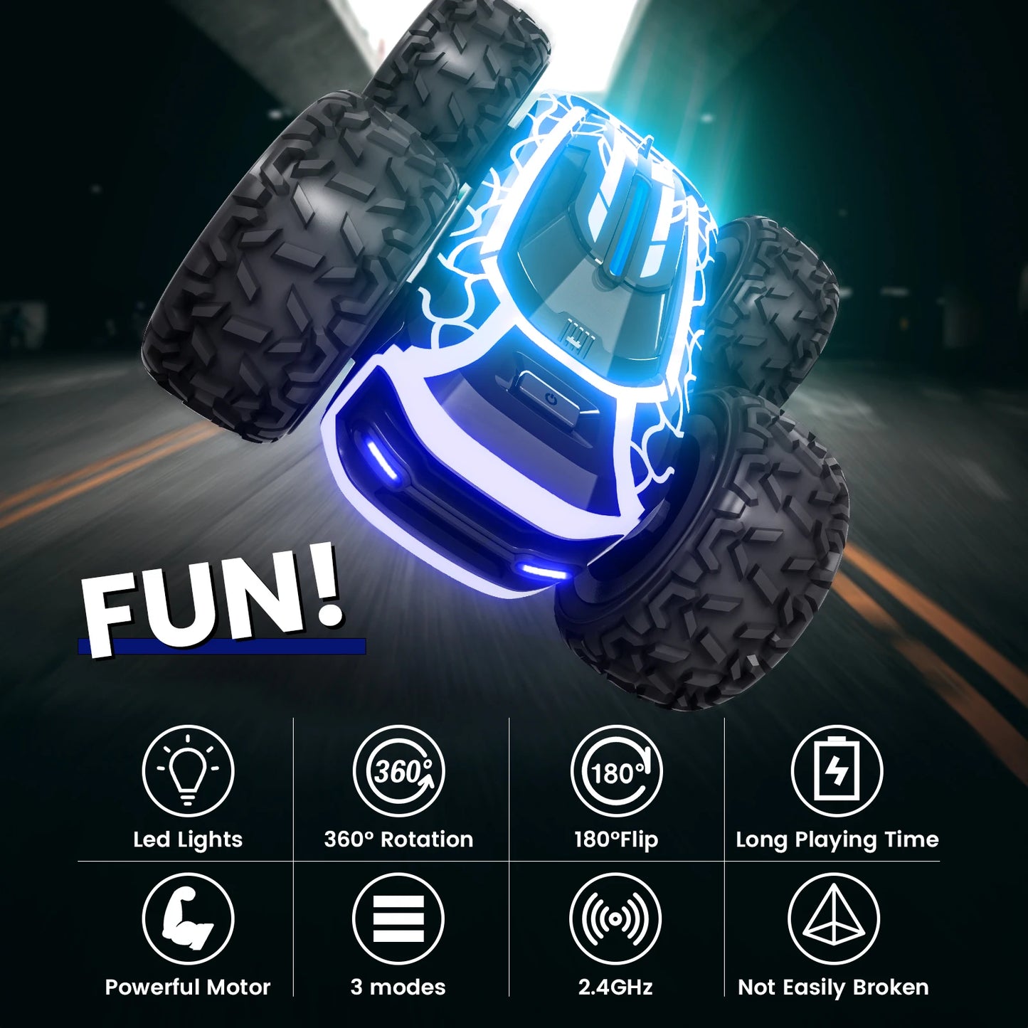 LED Light-Up RC Stunt Car for Kids 4-12 - 360° Double-Sided Remote Control Toy, Black