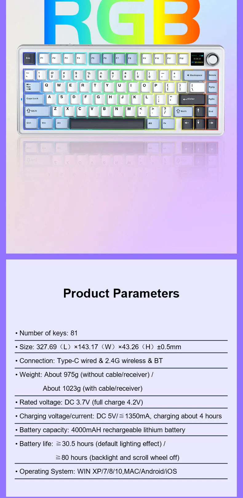Teclado mecánico para juegos 75% Hot Swap RGB TFT inalámbrico