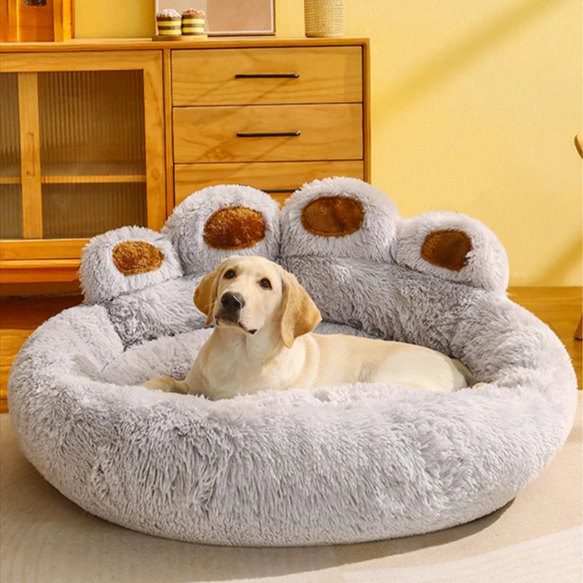 Hundebett Plüsch Rund Sofa Stil Bett Für Haustiere, Herbst 2025 Gemütliches Waschbares Plüschbett Mit Pfoten-Rückenlehnenunterstützung
