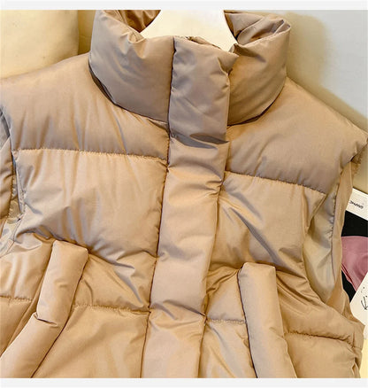 Warm Women Short Down Vest - Stand-Up Collar, Winter