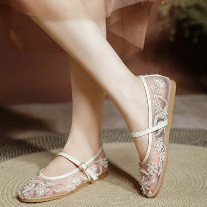 Lightweight Women’s Ballet Flats - Mary Jane Mesh, Beaded