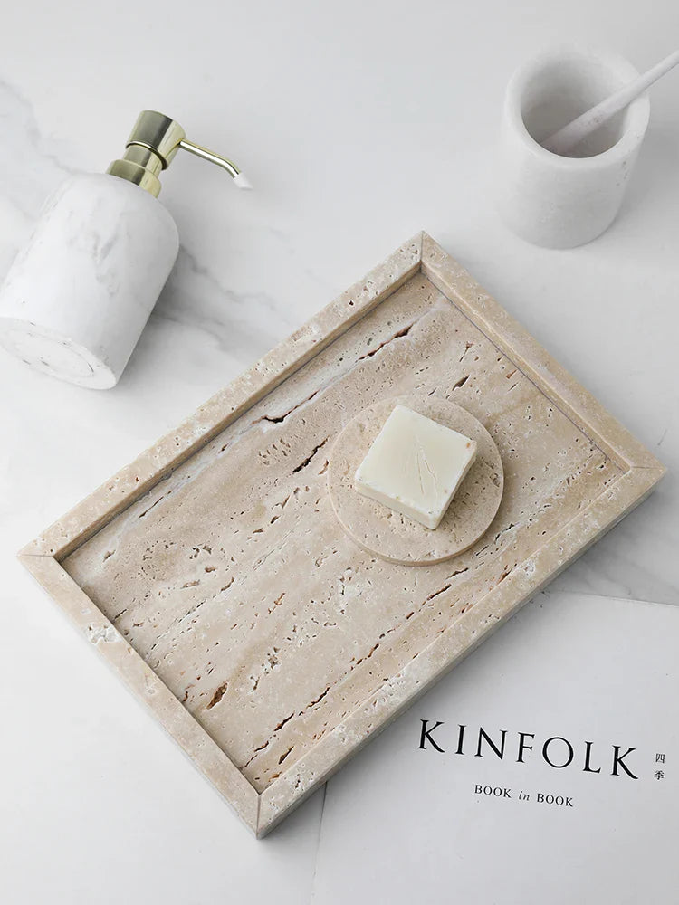 Sminkebakke Travertinsten Minimalistisk Marmor Stil Bakke Beige Organizer Efterår 2025 Sofabord Dekoration Gave