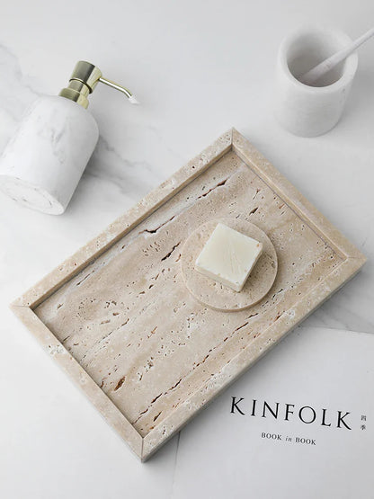 Sminkebakke Travertinsten Minimalistisk Marmor Stil Bakke Beige Organizer Efterår 2025 Sofabord Dekoration Gave