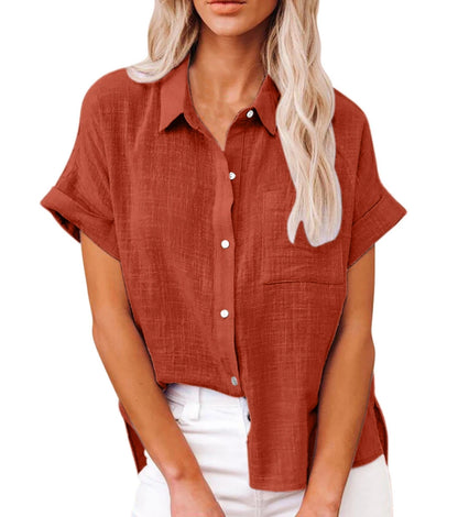 Linen Shirt Short Sleeve Casual Loose Fit Blouse Fresh Sweet Style Polyester Fabric