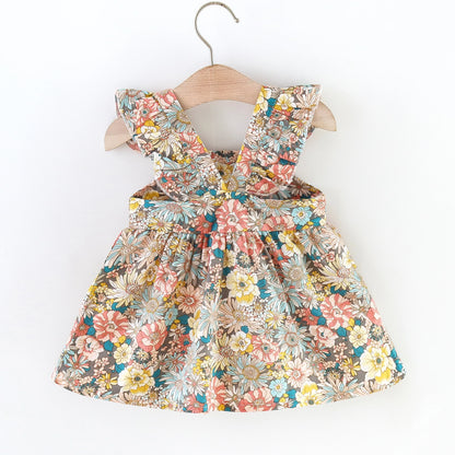 Soft Cozy Baby Girl Dress - Floral Flutter Sleeve, Polyester, For Summer Outings And Playtime