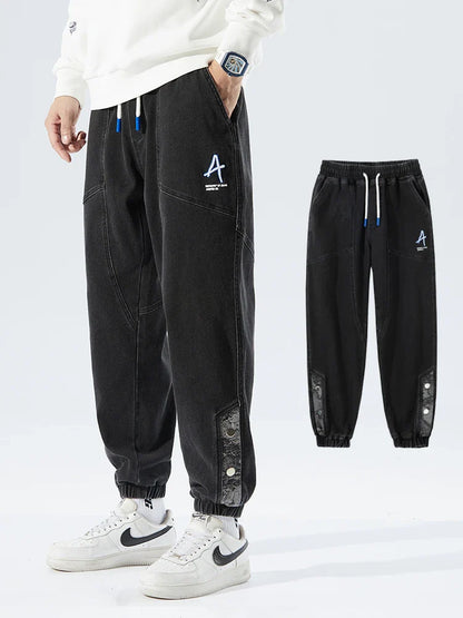 Strækbare afslappede herre denim joggers - løstsiddende tilspidsede, denim