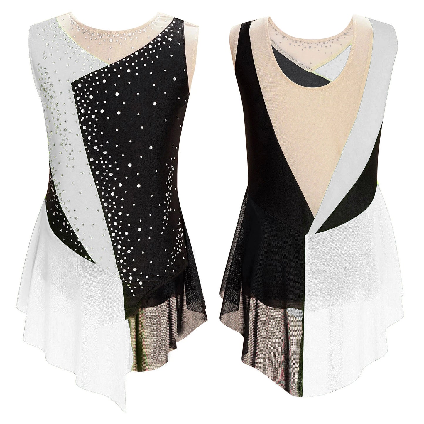 Stretchy girls' leotard - rhinestone mesh yoke, sleeveless, polyester, nylon, elastane, for lyrical dance performance