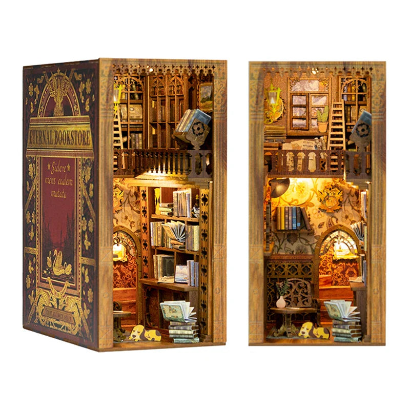 DIY bogkrog sæt træ miniature hyldeinlæg roombox dukkehus model ferie 2025 hyggeligt bibliotek gave