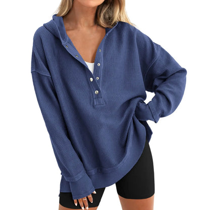 Oversized Women Pullover Hoodie - Snap V-Neck, Ribbed
