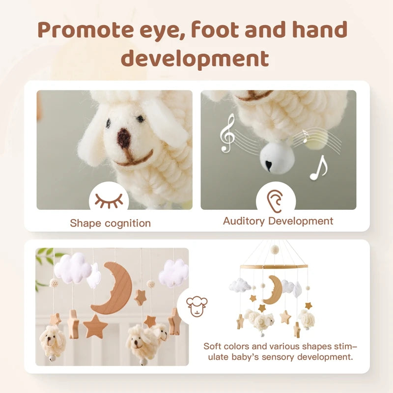 Wooden Felt Animal Crib Mobile With Soothing Calming Music