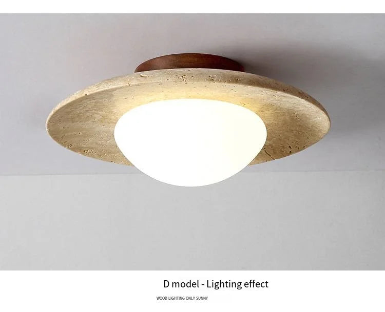 Japandi Travertine Ceiling Light Wood Cap Round Mid Century Lamp