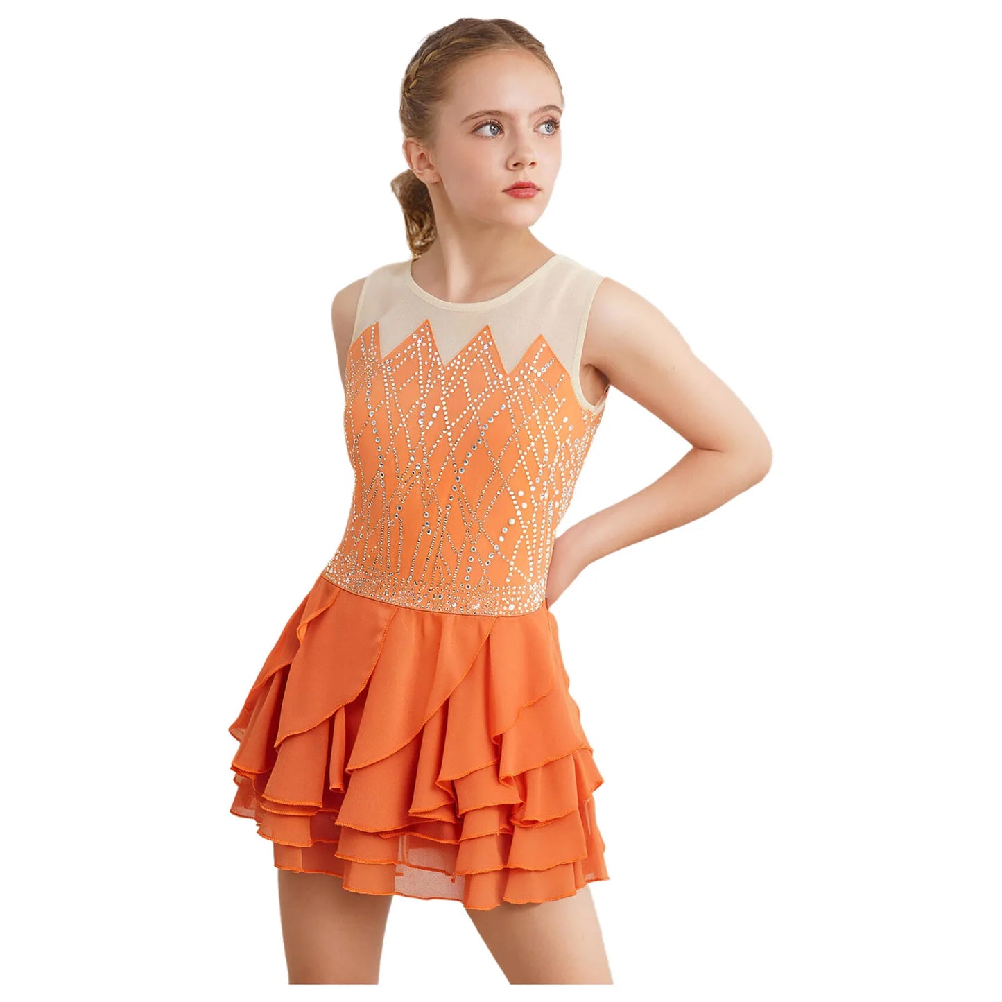 Lightweight Girls' Leotard - Rhinestone Embellished, Mesh Skirt, Polyester/Nylon/Elastane, For Ballet, Gymnastics