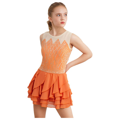 Lightweight Girls' Leotard - Rhinestone Embellished, Mesh Skirt, Polyester/Nylon/Elastane, For Ballet, Gymnastics