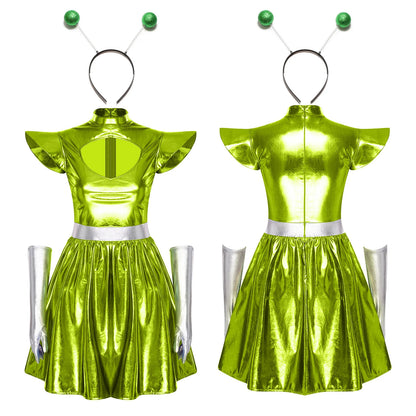 Zilverkleurige metallic astronauten-alien-tutu-jurk voor vrouwen, cosplayruimtecadetromper, Halloweenfeestjurk 2026