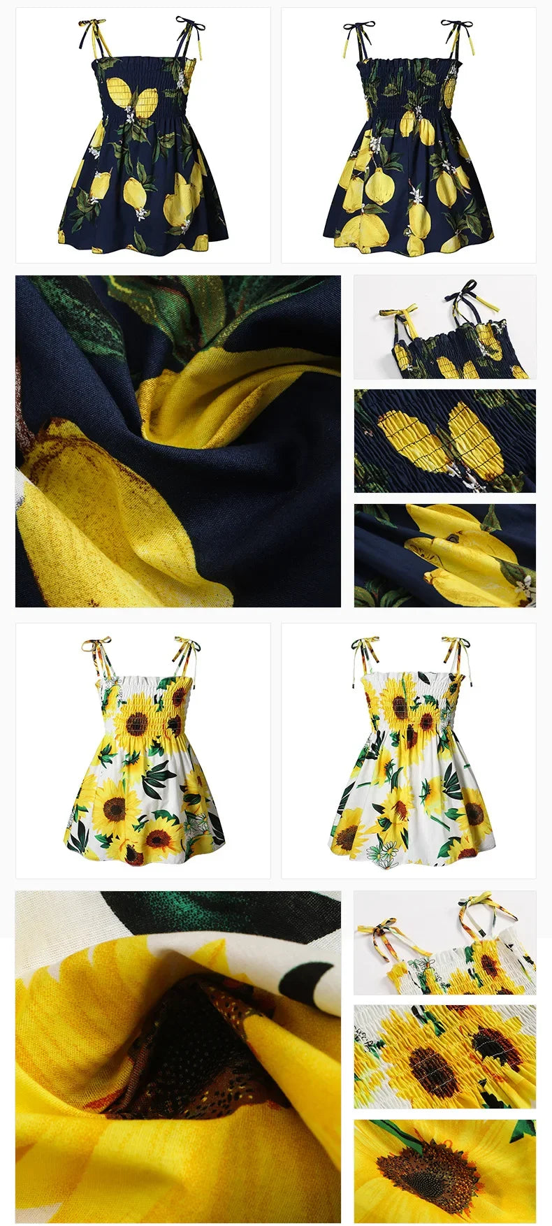 Soft girls' sundress - smocked bodice, daisy print, polyester, for casual summer outings