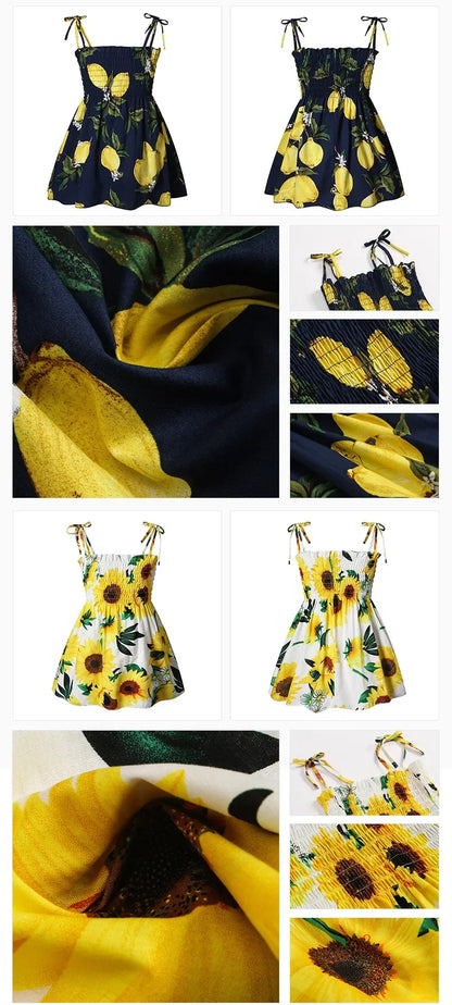 Soft girls' sundress - smocked bodice, daisy print, polyester, for casual summer outings