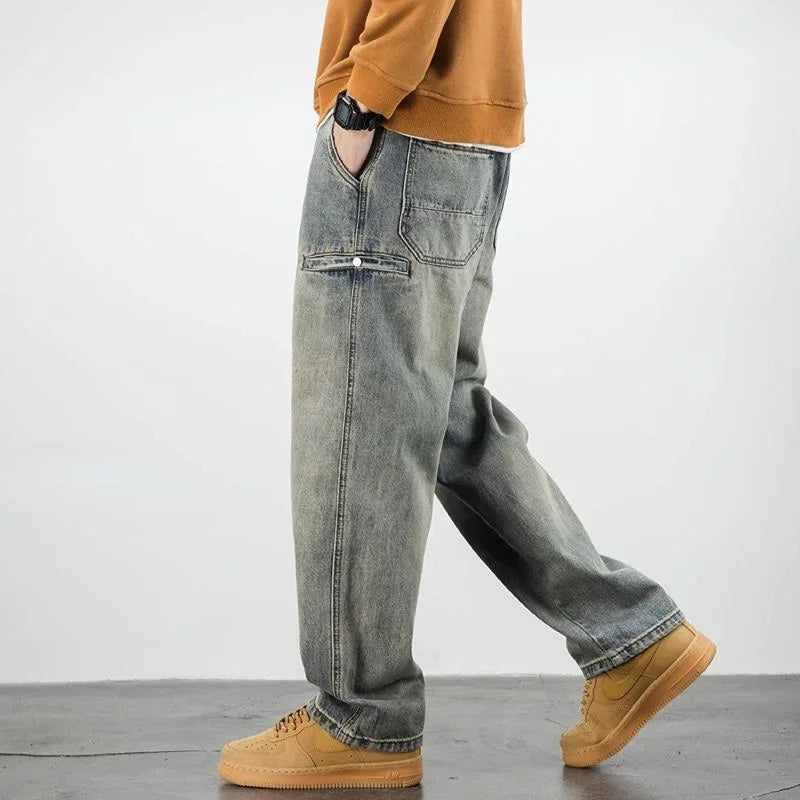 Oversized Men's Denim Jeans - Loose Straight Cut, Washed