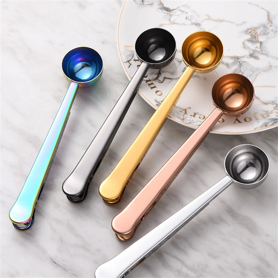 Gold Stainless Steel Coffee Spoon & Bag Sealing Clip - Multi-Function Kitchen Tool