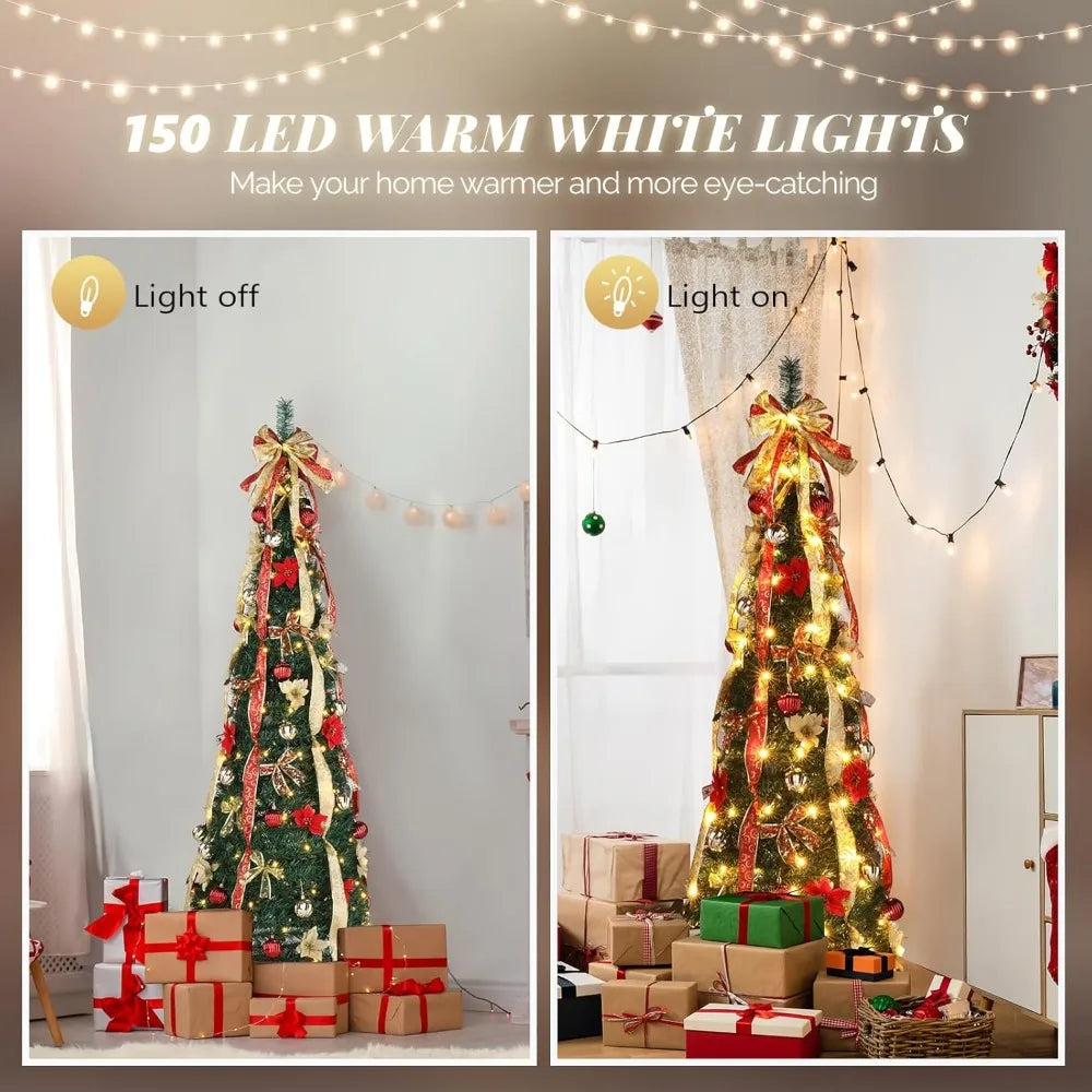 6ft Pre-Lit Pop-Up Christmas Tree with Built-in Lights - Collapsible Pencil-Style Holiday Decor for Effortless Festivity