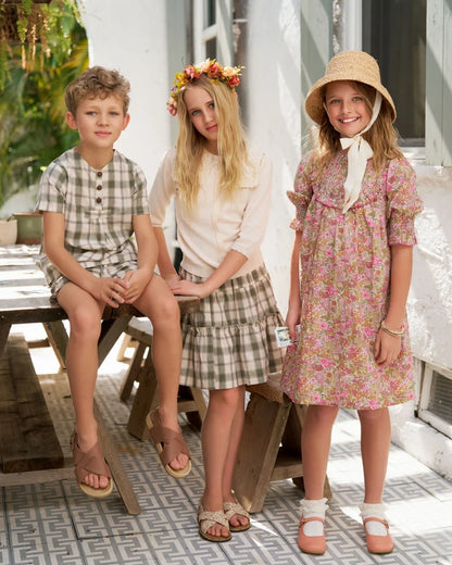 Abiti coordinati morbidi unisex per bambini – motivo a quadri, floreale, 100% cotone, abbigliamento casual estivo