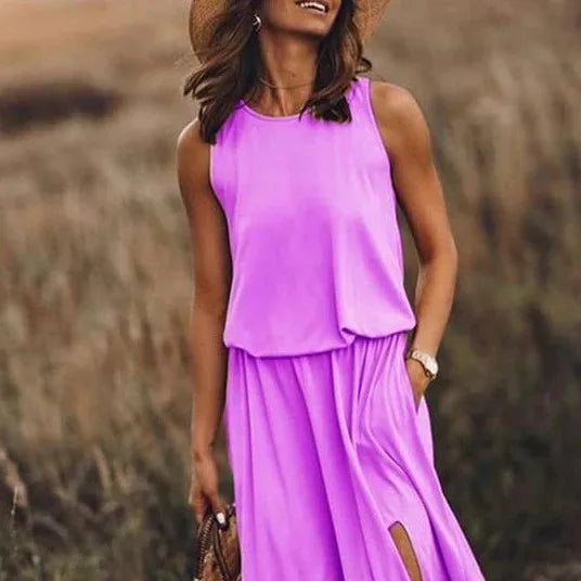 Vår/Sommer Kvinne Trendy Retro Uten Ermer Kjole, Ensfarget To-Delt Sett