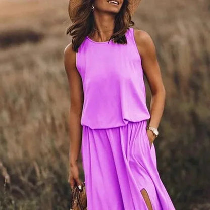 Vår/Sommer Kvinne Trendy Retro Uten Ermer Kjole, Ensfarget To-Delt Sett